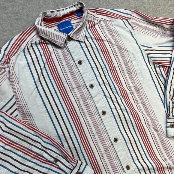 Tommy Bahama Shirt‎ Mens XL Blue Striped Silk Button Up Retro Style Party Beach - Picture 1 of 9